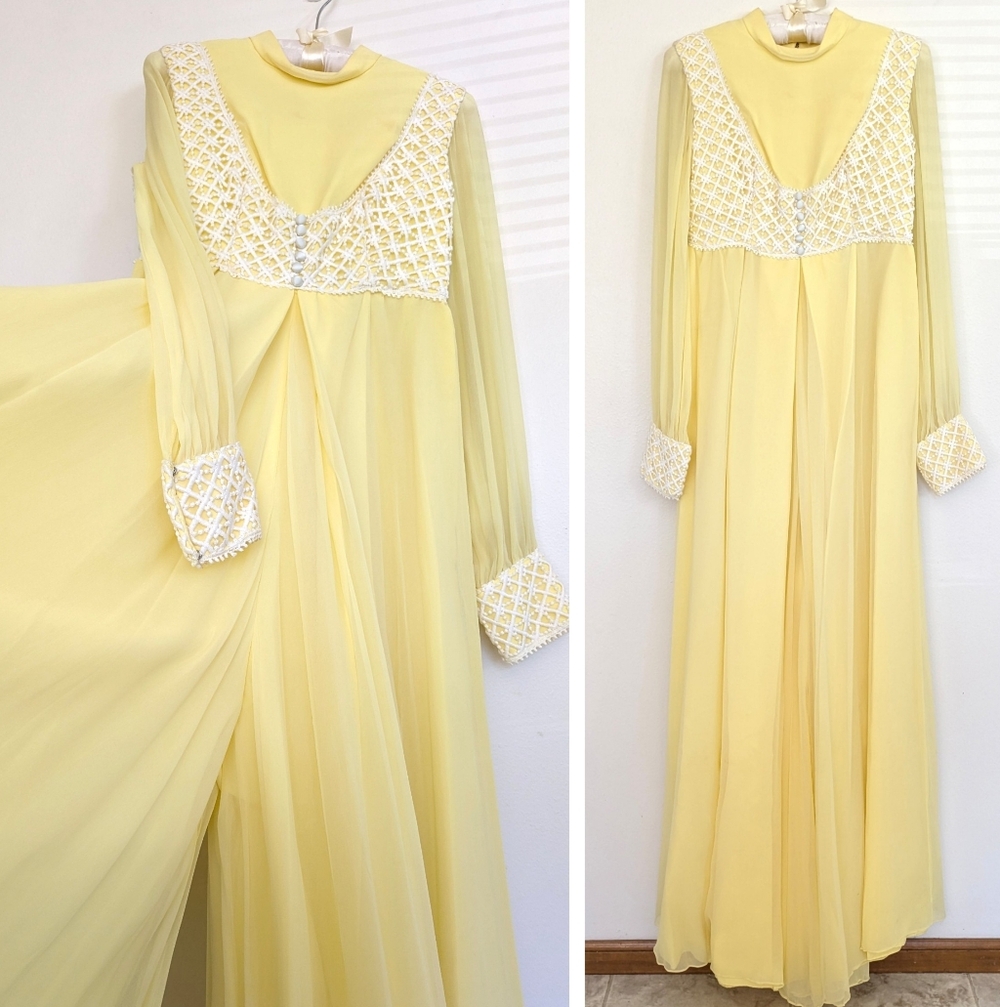 60s Vintage ILGWU Chiffon Jumpsuit Ultra Wide Leg Yellow Empire Corset Bodice - Picture 3 of 17